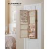 imageSONGMICS 6 LEDs Mirror Jewelry Cabinet 472Inch Tall Lockable Wall or Door Mounted Jewelry Armoire Organizer with Mirror 2 Drawers Gift for Mom 39 x 146 x 472 Inches White UJJC93WToasted Oak Color