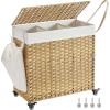 imageSONGMICS Laundry Hamper with Lid 423 Gallons 160 L Rolling Laundry Basket with Wheels 3Section Synthetic Rattan Removable Liner Bedroom 276 x 142 x 26 Inches Gray ULCB365G01Natural