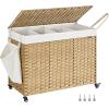 imageSONGMICS Laundry Hamper with Lid 423 Gallons 160 L Rolling Laundry Basket with Wheels 3Section Synthetic Rattan Removable Liner Bedroom 276 x 142 x 26 Inches Gray ULCB365G01Natural
