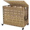 imageSONGMICS Laundry Hamper with Lid 140L Synthetic Rattan Laundry Basket with Wheels Clothes Hamper with 3 Removable Liner Bags 3Section Hampers with Handles Laundry Room Natural ULCB083N01Natural
