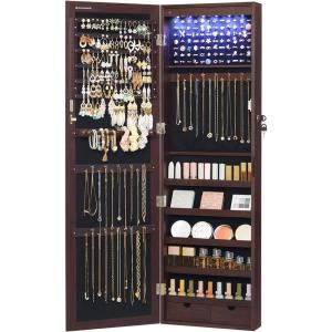 imageSONGMICS 6 LEDs Mirror Jewelry Cabinet 472Inch Tall Lockable Wall or Door Mounted Jewelry Armoire Organizer with Mirror 2 Drawers Gift for Mom 39 x 146 x 472 Inches White UJJC93WBrown