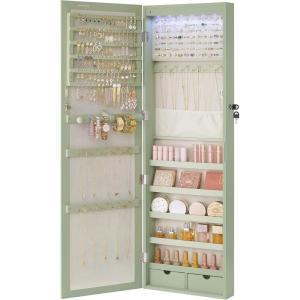 imageSONGMICS 6 LEDs Mirror Jewelry Cabinet 472Inch Tall Lockable Wall or Door Mounted Jewelry Armoire Organizer with Mirror 2 Drawers Gift for Mom 39 x 146 x 472 Inches White UJJC93WLaurel Green
