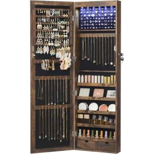 imageSONGMICS 6 LEDs Mirror Jewelry Cabinet 472Inch Tall Lockable Wall or Door Mounted Jewelry Armoire Organizer with Mirror 2 Drawers Gift for Mom 39 x 146 x 472 Inches White UJJC93WRustic Brown