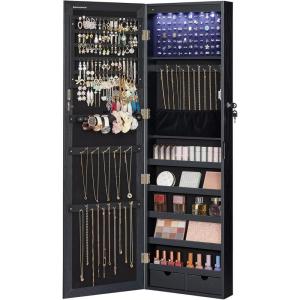 imageSONGMICS 6 LEDs Mirror Jewelry Cabinet 472Inch Tall Lockable Wall or Door Mounted Jewelry Armoire Organizer with Mirror 2 Drawers Gift for Mom 39 x 146 x 472 Inches White UJJC93WBlack