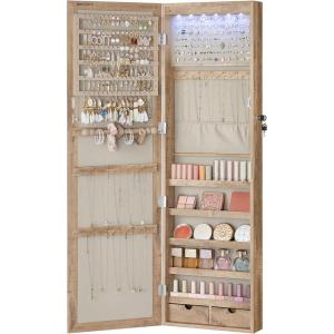 imageSONGMICS 6 LEDs Mirror Jewelry Cabinet 472Inch Tall Lockable Wall or Door Mounted Jewelry Armoire Organizer with Mirror 2 Drawers Gift for Mom 39 x 146 x 472 Inches White UJJC93WToasted Oak Color