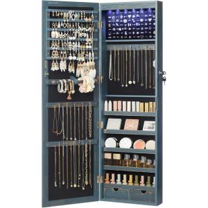imageSONGMICS 6 LEDs Mirror Jewelry Cabinet 472Inch Tall Lockable Wall or Door Mounted Jewelry Armoire Organizer with Mirror 2 Drawers Gift for Mom 39 x 146 x 472 Inches White UJJC93WRustic Blue