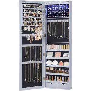 imageSONGMICS 6 LEDs Mirror Jewelry Cabinet 472Inch Tall Lockable Wall or Door Mounted Jewelry Armoire Organizer with Mirror 2 Drawers Gift for Mom 39 x 146 x 472 Inches White UJJC93WGray