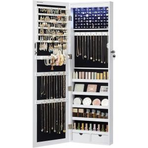 imageSONGMICS 6 LEDs Mirror Jewelry Cabinet 472Inch Tall Lockable Wall or Door Mounted Jewelry Armoire Organizer with Mirror 2 Drawers Gift for Mom 39 x 146 x 472 Inches White UJJC93WWhite