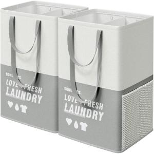 imageSONGMICS Laundry Baskets Laundry Hamper with 2 Compartments 238 Gallon 90L Set of 2 Collapsible WaterRepellent Clothes Hampers Tall Laundry Bag for Bedroom Bathroom Light Gray ULCB209G12Light Gray