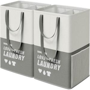 imageSONGMICS Laundry Baskets Laundry Hamper with 2 Compartments 238 Gallon 90L Set of 2 Collapsible WaterRepellent Clothes Hampers Tall Laundry Bag for Bedroom Bathroom Light Gray ULCB209G12Dark Gray