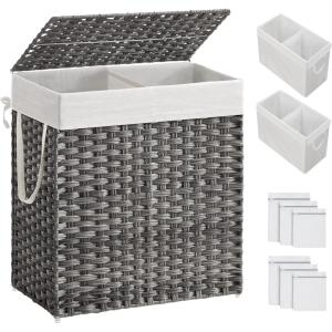 imageSONGMICS Laundry Hamper with Lid 110L Clothes Hamper with 2 Removable Liner Bags 6 Mesh Bags Wicker Laundry Basket Double Laundry Hamper for Laundry Room 13 x 224 x 236 Inches Black ULCB52BKGray