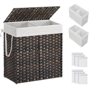 imageSONGMICS Laundry Hamper with Lid 110L Clothes Hamper with 2 Removable Liner Bags 6 Mesh Bags Wicker Laundry Basket Double Laundry Hamper for Laundry Room 13 x 224 x 236 Inches Black ULCB52BKBrown