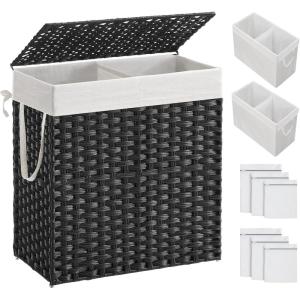 imageSONGMICS Laundry Hamper with Lid 110L Clothes Hamper with 2 Removable Liner Bags 6 Mesh Bags Wicker Laundry Basket Double Laundry Hamper for Laundry Room 13 x 224 x 236 Inches Black ULCB52BKBlack