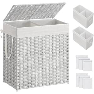 imageSONGMICS Laundry Hamper with Lid 110L Clothes Hamper with 2 Removable Liner Bags 6 Mesh Bags Wicker Laundry Basket Double Laundry Hamper for Laundry Room 13 x 224 x 236 Inches Black ULCB52BKWhite