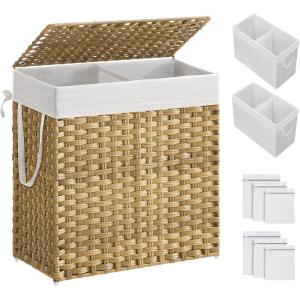 imageSONGMICS Laundry Hamper with Lid 110L Clothes Hamper with 2 Removable Liner Bags 6 Mesh Bags Wicker Laundry Basket Double Laundry Hamper for Laundry Room 13 x 224 x 236 Inches Black ULCB52BKNatural