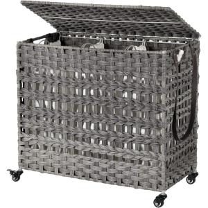 imageSONGMICS Laundry Hamper with Lid 140L Synthetic Rattan Laundry Basket with Wheels Clothes Hamper with 3 Removable Liner Bags 3Section Hampers with Handles Laundry Room Natural ULCB083N01Gray