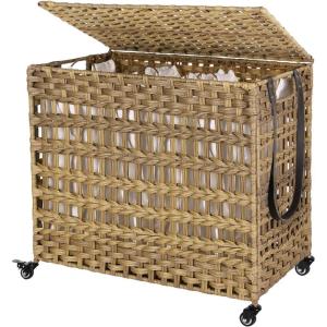 imageSONGMICS Laundry Hamper with Lid 140L Synthetic Rattan Laundry Basket with Wheels Clothes Hamper with 3 Removable Liner Bags 3Section Hampers with Handles Laundry Room Natural ULCB083N01Natural