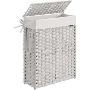 imageSONGMICS Laundry Hamper with Lid 238 Gallon 90 L Synthetic Rattan Clothes Laundry Basket with Lid and Handles Foldable Removable Liner Black ULCB51BKCloud White
