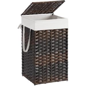 imageSONGMICS Laundry Hamper with Lid 238 Gallon 90 L Synthetic Rattan Clothes Laundry Basket with Lid and Handles Foldable Removable Liner Black ULCB51BKChestnut Brown