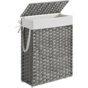 imageSONGMICS Laundry Hamper with Lid 238 Gallon 90 L Synthetic Rattan Clothes Laundry Basket with Lid and Handles Foldable Removable Liner Black ULCB51BKDove Gray