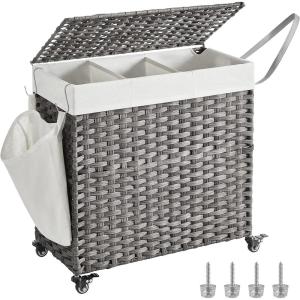 imageSONGMICS Laundry Hamper with Lid 423 Gallons 160 L Rolling Laundry Basket with Wheels 3Section Synthetic Rattan Removable Liner Bedroom 276 x 142 x 26 Inches Gray ULCB365G01Gray
