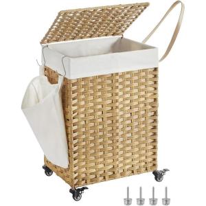 imageSONGMICS Laundry Hamper with Lid 423 Gallons 160 L Rolling Laundry Basket with Wheels 3Section Synthetic Rattan Removable Liner Bedroom 276 x 142 x 26 Inches Gray ULCB365G01Natural