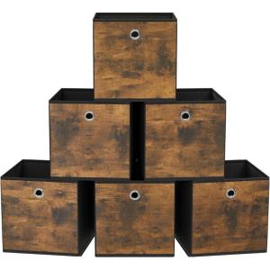 imageSONGMICS Storage Cubes Set of 6 Storage Bins with Handles Foldable Oxford Fabric and NonWoven Fabric Storage Boxes 102 x 102 x 11 Inches Fit Cube Storage Unit Chestnut Brown URFB126K01Rustic Brown