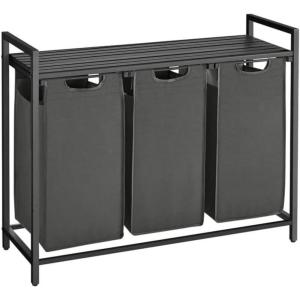 imageVASAGLE Laundry Hamper Laundry Basket Laundry Sorter with 3 PullOut and Removable Bags Shelf Metal Frame 3 x 10 Gallons 38L 364 x 13 x 284 Inches Black and Gray UBLH301G01Black  Gray
