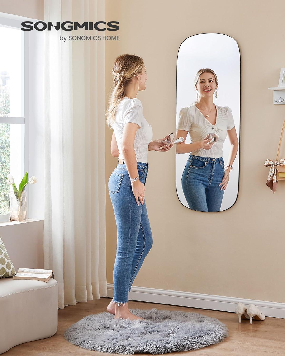 imageSONGMICS Full Length Wall Mirror Over The Door Mirror 472quot x 185quot Arched Hanging Mirror Frameless Glass Mirror Decor for Bedroom Living Room Dressing Room Black ULFM010B01Geometric