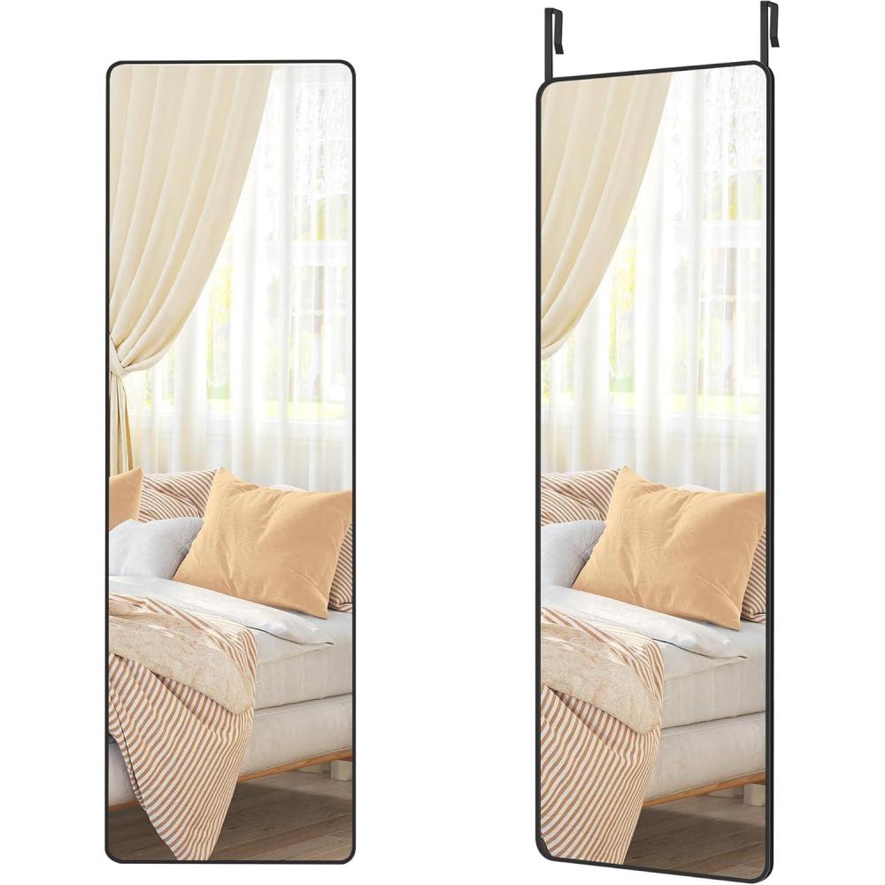 imageSONGMICS Full Length Wall Mirror Over The Door Mirror 472quot x 185quot Arched Hanging Mirror Frameless Glass Mirror Decor for Bedroom Living Room Dressing Room Black ULFM010B01Rectangle