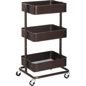 imageSONGMICS 3Tier Metal Rolling Cart Utility Cart Kitchen Cart with Adjustable Shelves Storage Trolley with 2 Brakes Easy Assembly for Kitchen Office Bathroom Black UBSC60BBronze