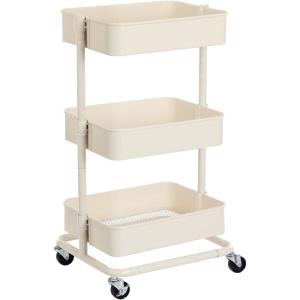 imageSONGMICS 3Tier Metal Rolling Cart Utility Cart Kitchen Cart with Adjustable Shelves Storage Trolley with 2 Brakes Easy Assembly for Kitchen Office Bathroom Black UBSC60BBeige