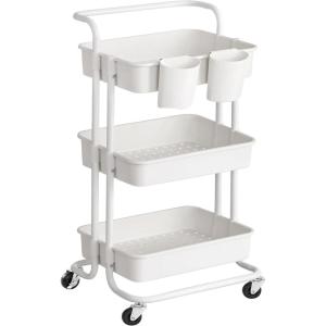 imageSONGMICS 3Tier Metal Rolling Cart Utility Cart Kitchen Cart with Adjustable Shelves Storage Trolley with 2 Brakes Easy Assembly for Kitchen Office Bathroom Black UBSC60BWhite