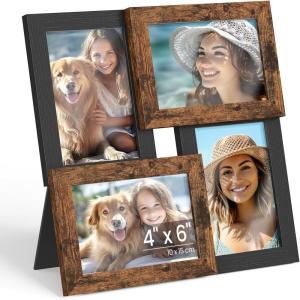 imageSONGMICS 4x6 Collage Picture Frames Family Photo Collage Frame Set of 4 for Wall Decor Glass Front Wall Hanging or Tabletop Pale GoldAsh Black  Rustic Brown