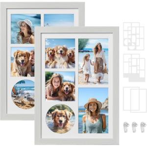 imageSONGMICS A4 Picture Frame Collage for Wall Decor Set of 2 4x6 Multi Photo Frame for Desk 8x10 8x12 or 4x4 Photos with 6 Mats 9x12 Without Mat Glass Front 3 NonTrace Nails Rustic WhiteRustic White