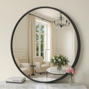 imageSONGMICS Bathroom Round Mirror for Wall 16 Inches Black Circle MirrorMetal Framefor Bathroom Over Sink Living Room Bedroom Entryway Hallway Ink Black ULWM104B01Ink Black