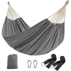 imageSONGMICS Double Hammock 984 x 591 Inches 660 lb Load Capacity with Hanging Straps Carabiners Carry Bag for Garden Outdoor Camping Blue and Yellow Stripes UGDC15YUGrey