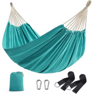 imageSONGMICS Double Hammock 984 x 591 Inches 660 lb Load Capacity with Hanging Straps Carabiners Carry Bag for Garden Outdoor Camping Blue and Yellow Stripes UGDC15YUTurquoise