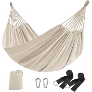 imageSONGMICS Double Hammock 984 x 591 Inches 660 lb Load Capacity with Hanging Straps Carabiners Carry Bag for Garden Outdoor Camping Blue and Yellow Stripes UGDC15YUBeige