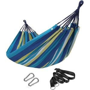 imageSONGMICS Double Hammock 984 x 591 Inches 660 lb Load Capacity with Hanging Straps Carabiners Carry Bag for Garden Outdoor Camping Blue and Yellow Stripes UGDC15YUBlue  Yellow Stripes