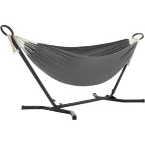 imageSONGMICS Double Hammock 984 x 591 Inches 660 lb Load Capacity with Hanging Straps Carabiners Carry Bag for Garden Outdoor Camping Blue and Yellow Stripes UGDC15YUBlack  Gray