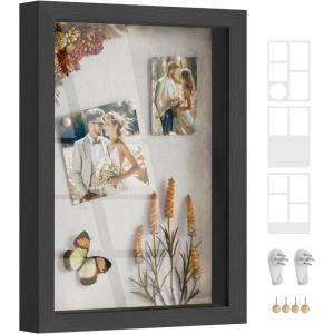 imageSONGMICS Shadow Box Frame 13Inch Deep Memory Display Case for Desk Wall Decor Box Picture Photo Frame with 4 Wood Push Pins 3 Mats 2 NonTrace Nails Gift Ash BlackAsh Black