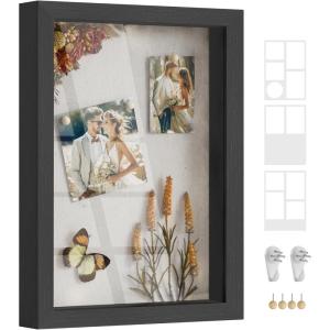 imageSONGMICS Shadow Box Frame 13Inch Deep Memory Display Case for Desk Wall Decor Box Picture Photo Frame with 4 Wood Push Pins 3 Mats 2 NonTrace Nails Gift Rustic WhiteAsh Black