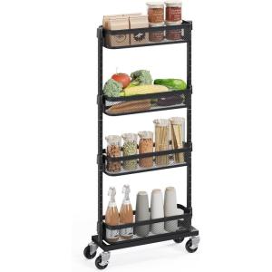imageSONGMICS Slim Storage Cart 4Tier Metal Rolling Cart with Wheels Flexible Baskets Narrow Cart for Kitchen Bathroom Laundry Room Easy Assembly Black UBSC065B01Black