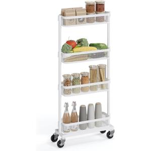 imageSONGMICS Slim Storage Cart 4Tier Metal Rolling Cart with Wheels Flexible Baskets Narrow Cart for Kitchen Bathroom Laundry Room Easy Assembly Black UBSC065B01White