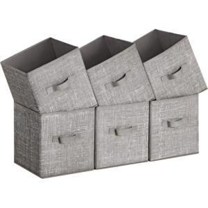 imageSONGMICS Storage Cubes 11Inch NonWoven Fabric Bins with Double Handles Set of 6 Closet Organizers for Shelves Foldable for Clothes Misty Blue UROB026I01Taupe