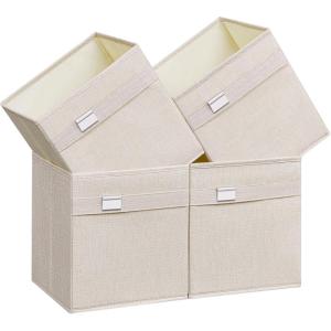 imageSONGMICS Storage Cubes Set of 4 Cube Storage Bins 102 x 102 x 11 Inches 2 Handles Oxford Fabric and LinenLook Fabric Easy to Clean Foldable Metal Label Holders Dove Gray UROB226G04Cloud White
