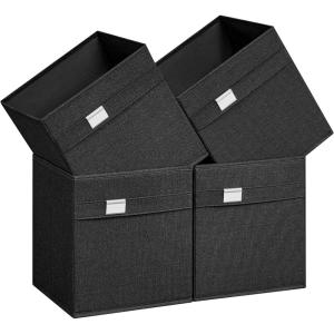 imageSONGMICS Storage Cubes Set of 4 Cube Storage Bins 102 x 102 x 11 Inches 2 Handles Oxford Fabric and LinenLook Fabric Easy to Clean Foldable Metal Label Holders Dove Gray UROB226G04Ink Black