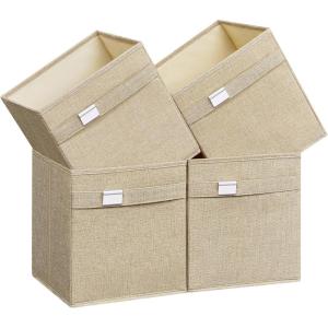 imageSONGMICS Storage Cubes Set of 4 Cube Storage Bins 102 x 102 x 11 Inches 2 Handles Oxford Fabric and LinenLook Fabric Easy to Clean Foldable Metal Label Holders Dove Gray UROB226G04Sand Beige