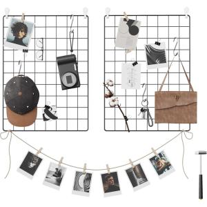 imageSONGMICS Wall Grid for Photo Metal Wall Grid Panel DIY Wire Photo Hanging Display Set of 2 with S Hook Clip Hemp Cord 165 x 122 Inches Black ULPP01HBlack